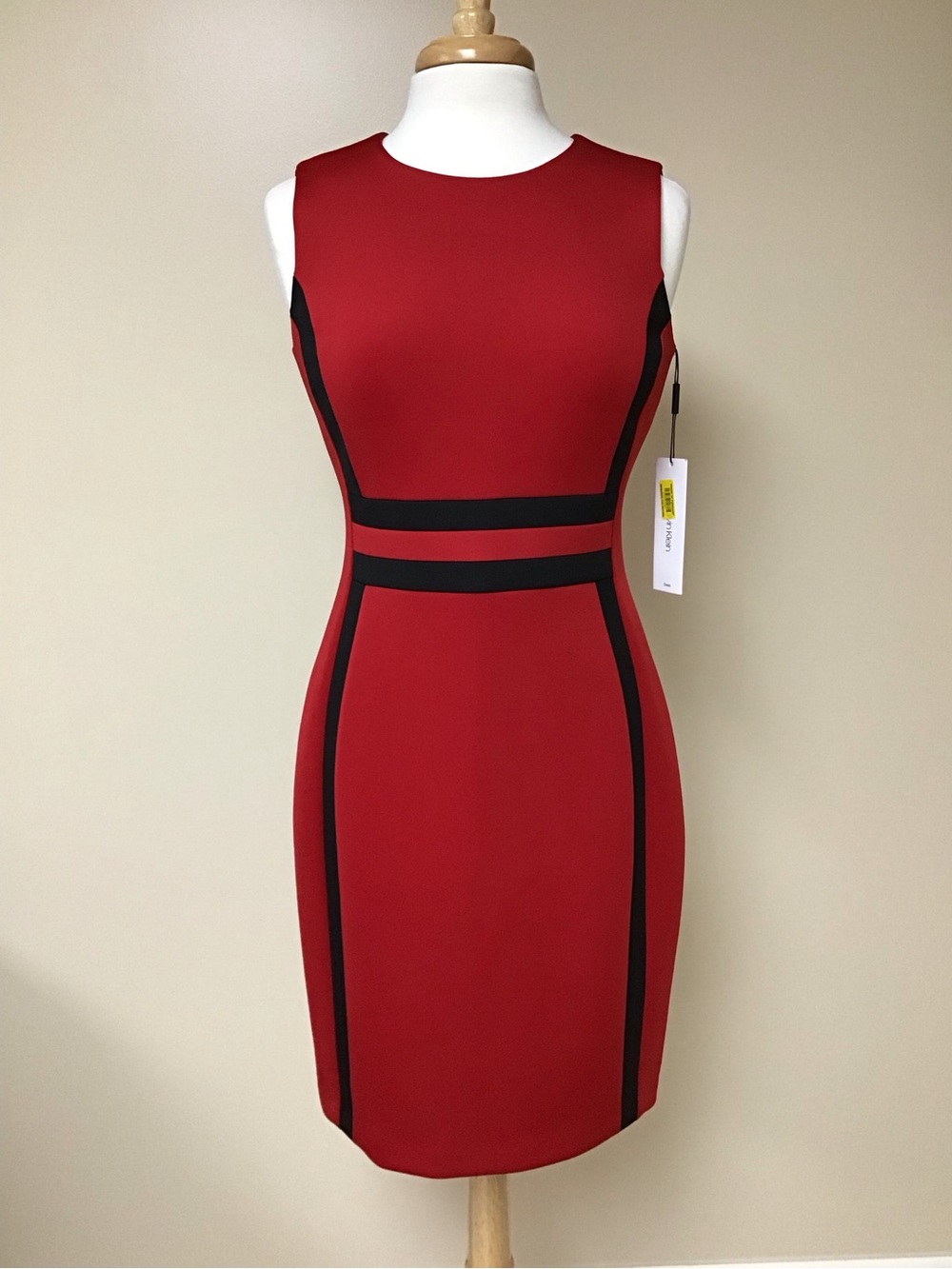 Calvin Klein Red Sheath Dress with Black Contrast Piping